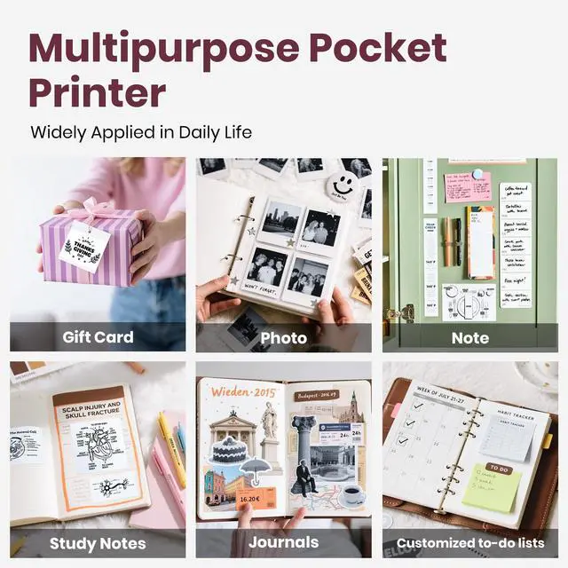 Alt view image 7 of 7 - Sticker Printer, PM290C Portable Mini Printer, Inkless Bluetooth Sticker Maker with 3 Rolls Paper, Impresora Portátil for Notes, Journal, DIY, Gift, Print Pod for School/Office/Christmas, Pink