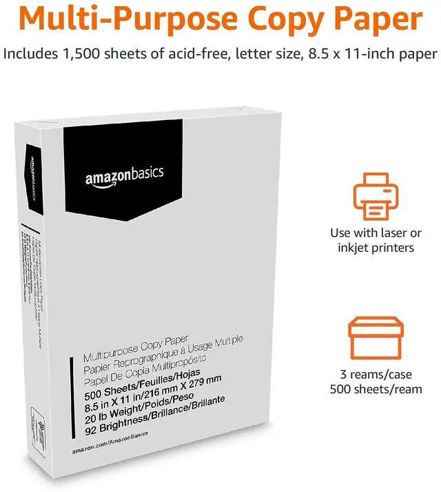 Alt view image 2 of 6 - Multipurpose Copy Printer Paper, 20 lb, 8.5 x 11 Inches, 3 Reams (1,500 Sheets), 92 Bright, White