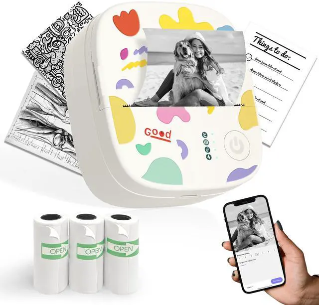 Main image of Mini Portable Sticker Printer, Mini Thermal Printer with 3 Rolls Paper, Bluetooth Inkless Printpods, Pocket Label Maker Suitable for Creative Kids DIY, Diaries, Photos, Study Notes -White