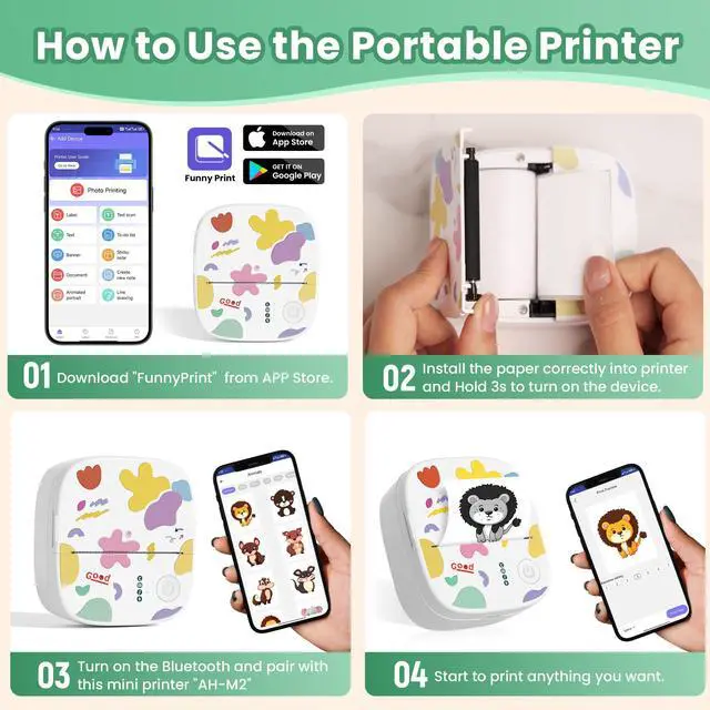 Alt view image 3 of 7 - Mini Portable Sticker Printer, Mini Thermal Printer with 3 Rolls Paper, Bluetooth Inkless Printpods, Pocket Label Maker Suitable for Creative Kids DIY, Diaries, Photos, Study Notes -White