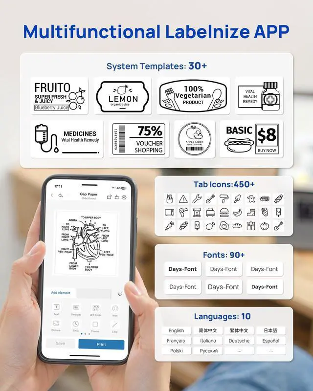 Alt view image 4 of 7 - PM260 Label Maker Machine with Tape, 2 Inch Label Tape Maker Bluetooth Label Printer, Inkless Portable Label Maker for Home, Kitchen, School, Office Organization, Black
