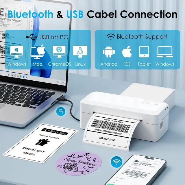 Alt view image 2 of 7 - Shipping Thermal Label Printer, 4x6 Portable Label Printer, Bluetooth Label Maker for Small Business, Support iPhone,Android,Windows,Mac,Chromebook,Works with USPS, Ebay,Shopify&More, White