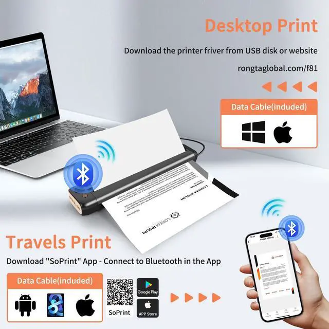 Alt view image 2 of 7 - Portable Printer, Bluetooth Inkless Thermal Printer Wireless for Travel, Compatible with Android iOS Phone & Laptop, Supports 8.5" X 11" US Letter for Office, Home, Car, Gray