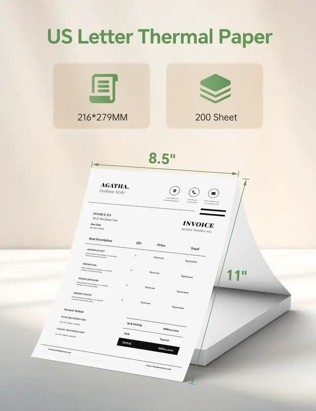 Alt view image 3 of 7 - 200 Sheets Thermal Printer Paper 8.5x11 US Letter MT610 Thermal Paper, Compatible with /iDPRT/HPRT Portable Printer and Other Brands Thermal Document Printers