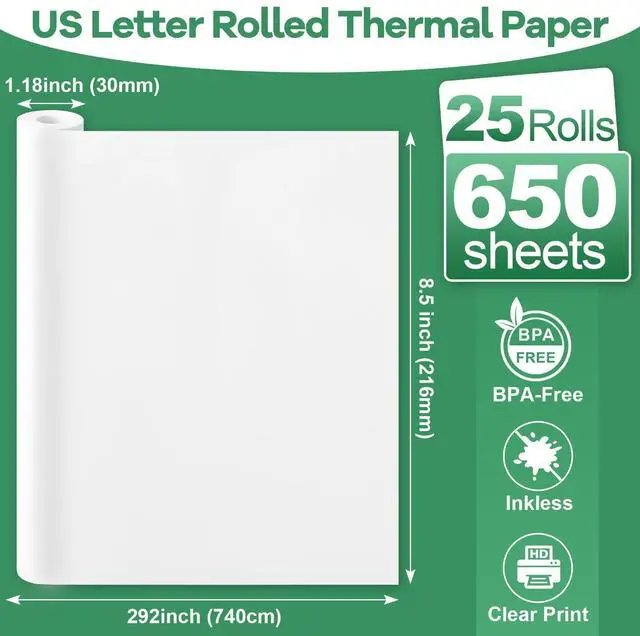 Alt view image 2 of 7 - 25 Rolls Thermal Printer Paper 8.5"x11" US Letter Size, BPA free Quick-Dry Thermal Paper,Thermal Printing Paper Rolls Compatible Most Portable Printers(About 650 Sheets)