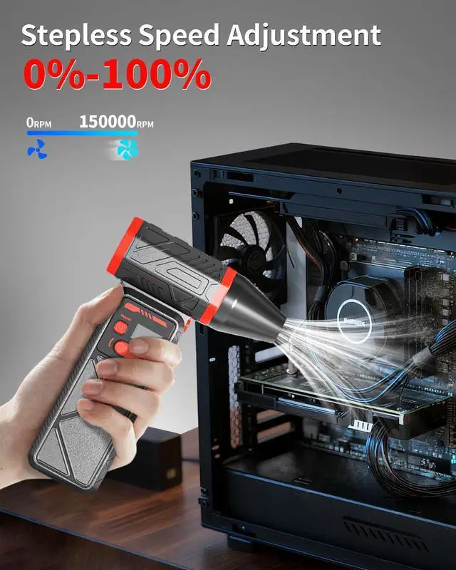 Alt view image 3 of 7 - Compressed Air Duster, 150000RPM Electric Air Duster with 8000mAh Rechargeable Battery, Stepless Speed, 90° Adjustable Nozzle & LED Light, Cordless Mini Air Blower for Pc, Keyboard, Car, Home,Outdoor