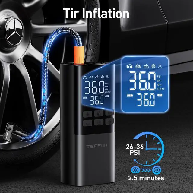 Alt view image 2 of 6 - Tire Inflator Portable Air Compressor - Air Pump for Car Tires,Portable for Car with Pressure Gauge,Tire Inflator with LED Light, for Bike,Motorcycle, Balls