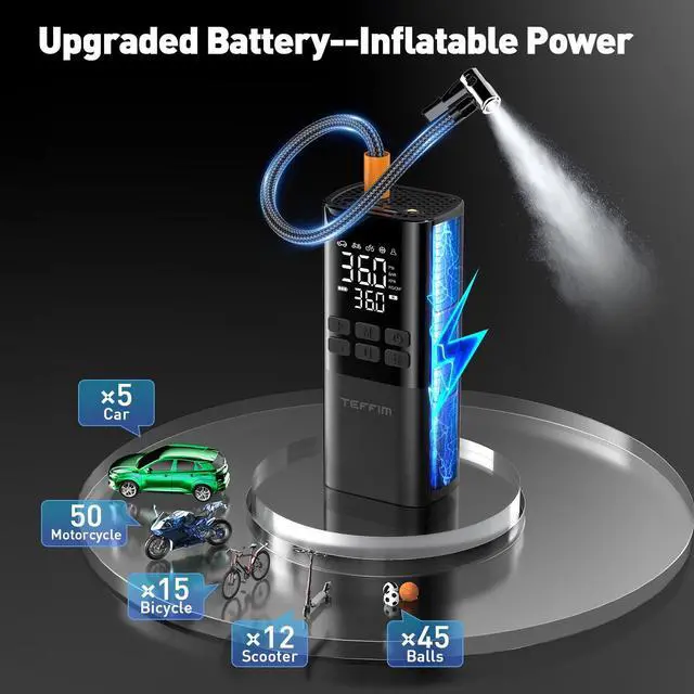 Alt view image 3 of 6 - Tire Inflator Portable Air Compressor - Air Pump for Car Tires,Portable for Car with Pressure Gauge,Tire Inflator with LED Light, for Bike,Motorcycle, Balls