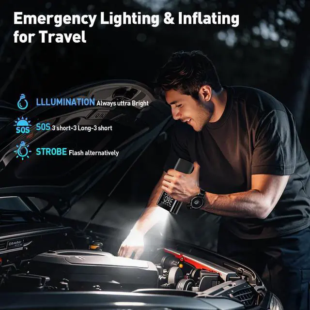 Alt view image 5 of 6 - Tire Inflator Portable Air Compressor - Air Pump for Car Tires,Portable for Car with Pressure Gauge,Tire Inflator with LED Light, for Bike,Motorcycle, Balls