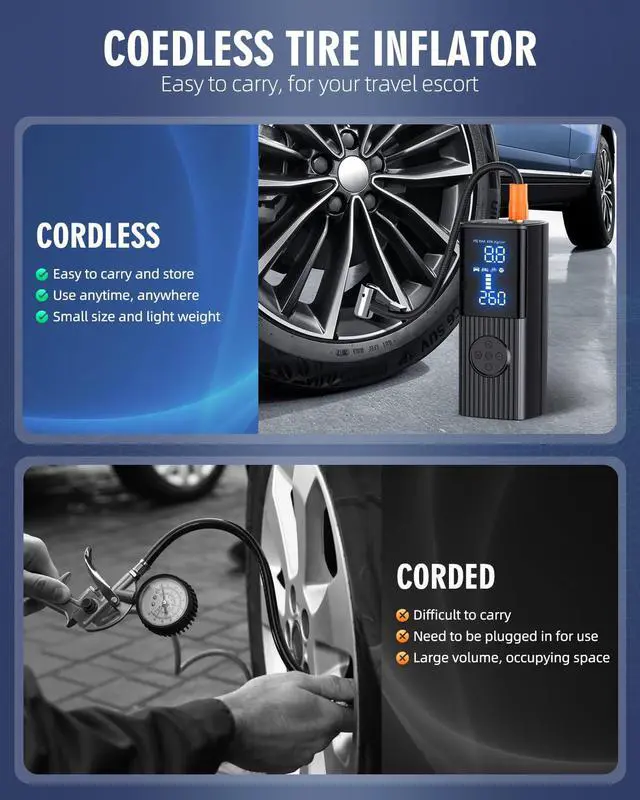 Alt view image 2 of 7 - Tire Inflator Portable Air Compressor, 180PSI Cordless Air Pump with Digital Gauge, LED Light and Auto Shut-Off Function, 3X Faster Air Compressor for Car, Motorcycle, Bicycle, Ball