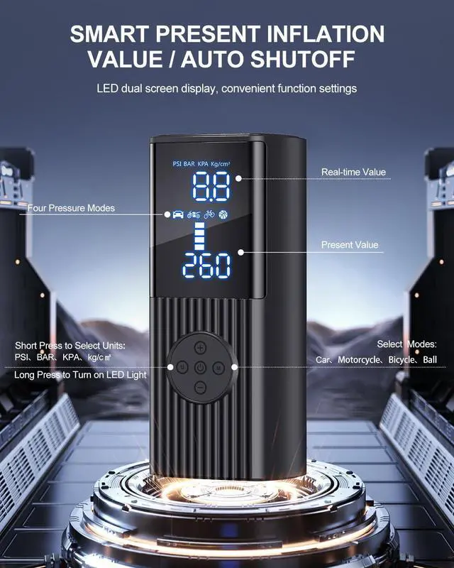 Alt view image 5 of 7 - Tire Inflator Portable Air Compressor, 180PSI Cordless Air Pump with Digital Gauge, LED Light and Auto Shut-Off Function, 3X Faster Air Compressor for Car, Motorcycle, Bicycle, Ball