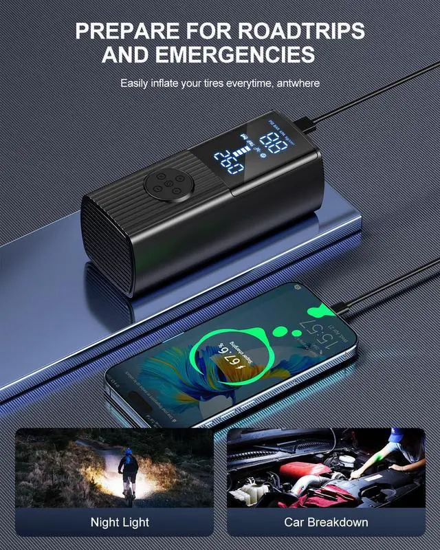 Alt view image 6 of 7 - Tire Inflator Portable Air Compressor, 180PSI Cordless Air Pump with Digital Gauge, LED Light and Auto Shut-Off Function, 3X Faster Air Compressor for Car, Motorcycle, Bicycle, Ball