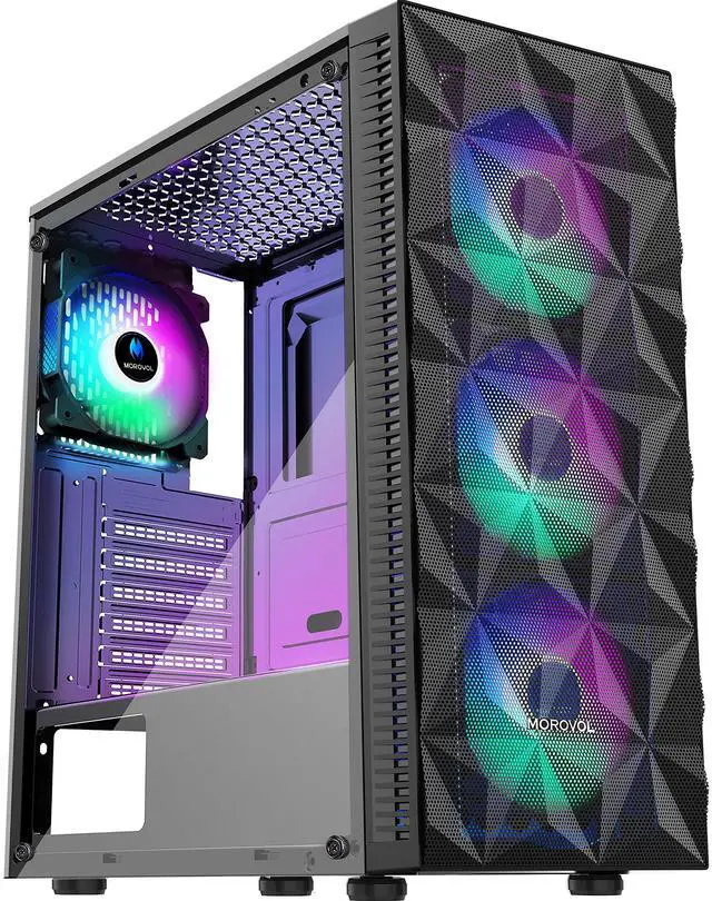 Main image of MOROVOL PC Case Pre-Install 4 RGB Fans, ATX Gaming Computer Case with Diamond-Shaped Mesh Front & Tempered Glass Side Panel, USB 3.0 Airflow Mid Tower case,621