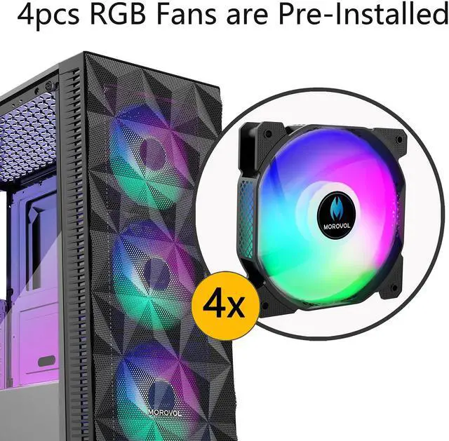 Alt view image 2 of 6 - MOROVOL PC Case Pre-Install 4 RGB Fans, ATX Gaming Computer Case with Diamond-Shaped Mesh Front & Tempered Glass Side Panel, USB 3.0 Airflow Mid Tower case,621