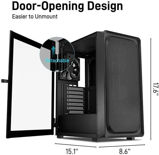 Alt view image 3 of 7 - EC2 Black ATX Mid Tower PC Case, Type-C Ready, Supports 50 Series Graphics Cards, Tempered Glass Side Panel, up to 8 x 120mm Cooling Fans & 1 x 360mm Radiator, 1 x Pre-Installed Fan