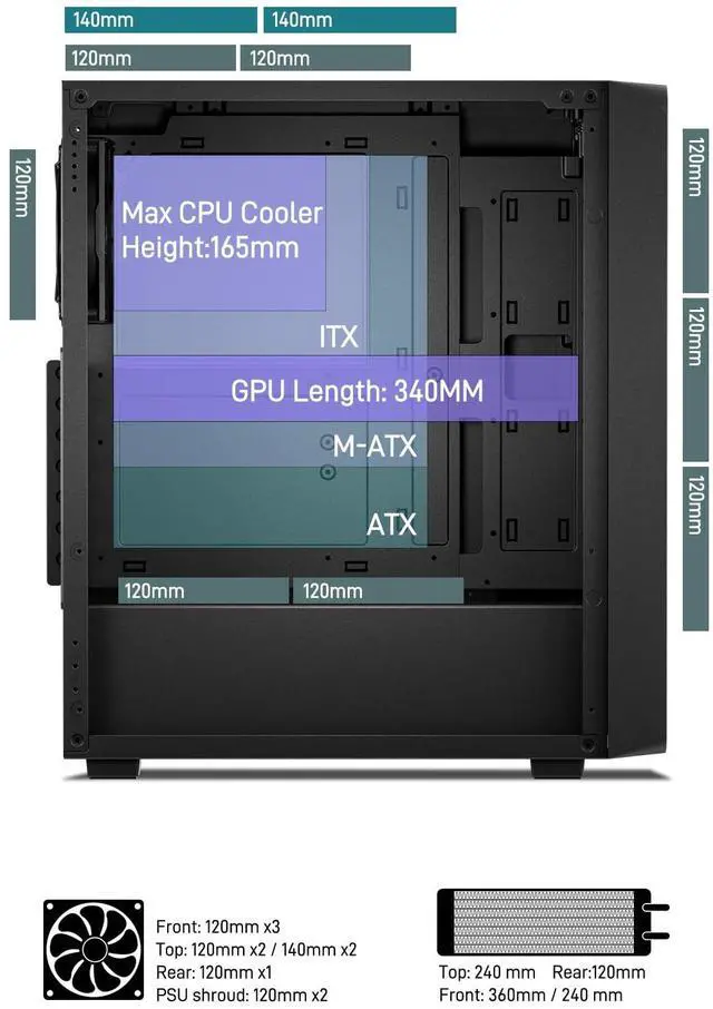 Alt view image 4 of 7 - EC2 Black ATX Mid Tower PC Case, Type-C Ready, Supports 50 Series Graphics Cards, Tempered Glass Side Panel, up to 8 x 120mm Cooling Fans & 1 x 360mm Radiator, 1 x Pre-Installed Fan