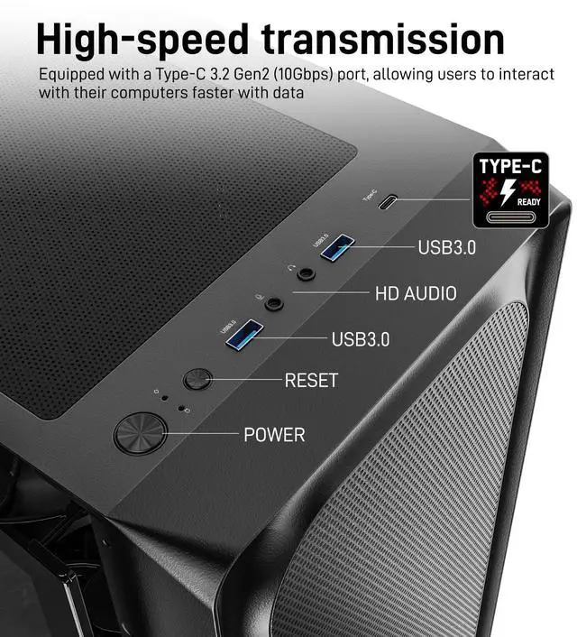 Alt view image 6 of 7 - EC2 Black ATX Mid Tower PC Case, Type-C Ready, Supports 50 Series Graphics Cards, Tempered Glass Side Panel, up to 8 x 120mm Cooling Fans & 1 x 360mm Radiator, 1 x Pre-Installed Fan