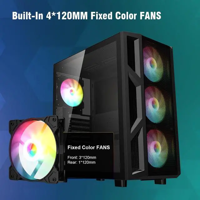 Alt view image 3 of 7 - CV103 ATX Mid-Tower PC Case, Pre-Installed 4 x 120mm RGB Fans, RGB Color Lighting, Tempered Glass, USB 3.0, Gaming Computer Case, High-Airflow - Black