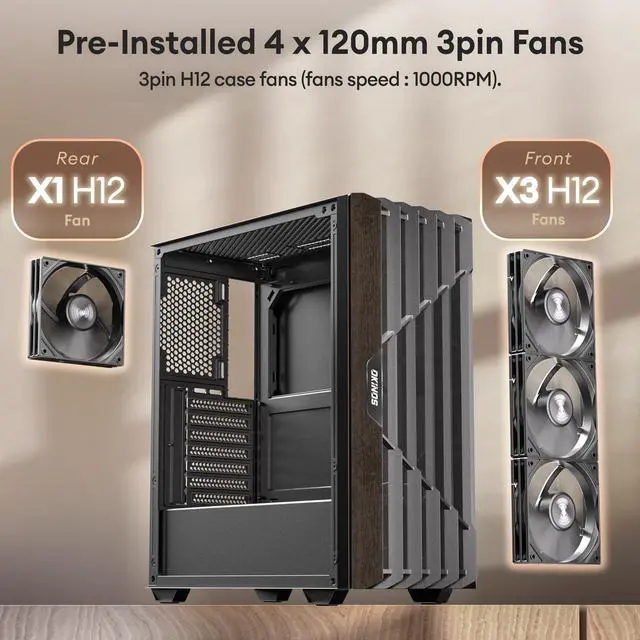 Alt view image 3 of 7 - Oak Wood ATX PC Case, 4 x 120mm 3 Pin Non-PWM Case Fans Pre-Installed, Type-C Port, Tempered Glass Side Panel, Black Mid-Tower Computer Case, Cypress 5 AIR