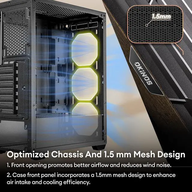 Alt view image 4 of 7 - Oak Wood ATX PC Case, 4 x 120mm 3 Pin Non-PWM Case Fans Pre-Installed, Type-C Port, Tempered Glass Side Panel, Black Mid-Tower Computer Case, Cypress 5 AIR