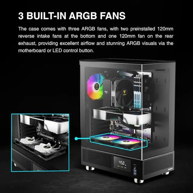 Alt view image 4 of 7 - GAMDIAS ATX Mid Tower Computer Case with Tempered Glass, Gaming PC Case w/Temperature Display LCD & 3X 120mm ARGB Fans, Support Up to 5X Fans, 240mm AIO/Radiator, 340mm GPU/VGA, 160mm CPU Air Cooler