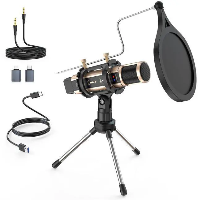 Main image of Studio Recording Microphone, Condenser Broadcast Microphone w/Stand Built-in Sound Card Echo Recording Karaoke Singing for Phone Computer PC Garageband Smule Live Stream & YouTube (Gold)