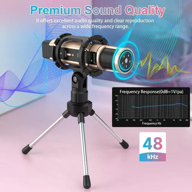 Alt view image 4 of 7 - Studio Recording Microphone, Condenser Broadcast Microphone w/Stand Built-in Sound Card Echo Recording Karaoke Singing for Phone Computer PC Garageband Smule Live Stream & YouTube (Gold)