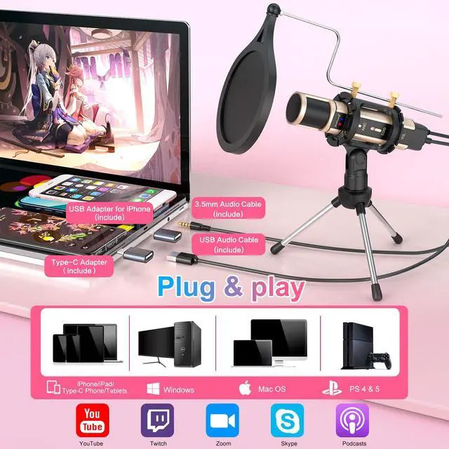 Alt view image 2 of 7 - Studio Recording Microphone, Condenser Broadcast Microphone w/Stand Built-in Sound Card Echo Recording Karaoke Singing for Phone Computer PC Garageband Smule Live Stream & YouTube (Gold)