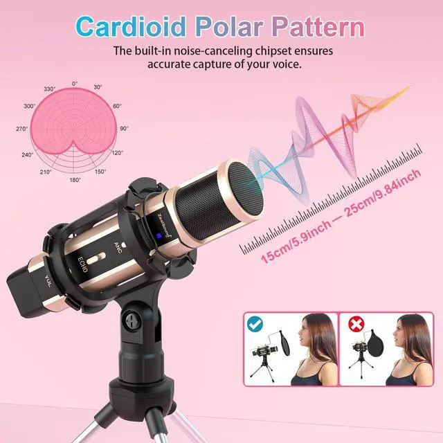 Alt view image 6 of 7 - Studio Recording Microphone, Condenser Broadcast Microphone w/Stand Built-in Sound Card Echo Recording Karaoke Singing for Phone Computer PC Garageband Smule Live Stream & YouTube (Gold)