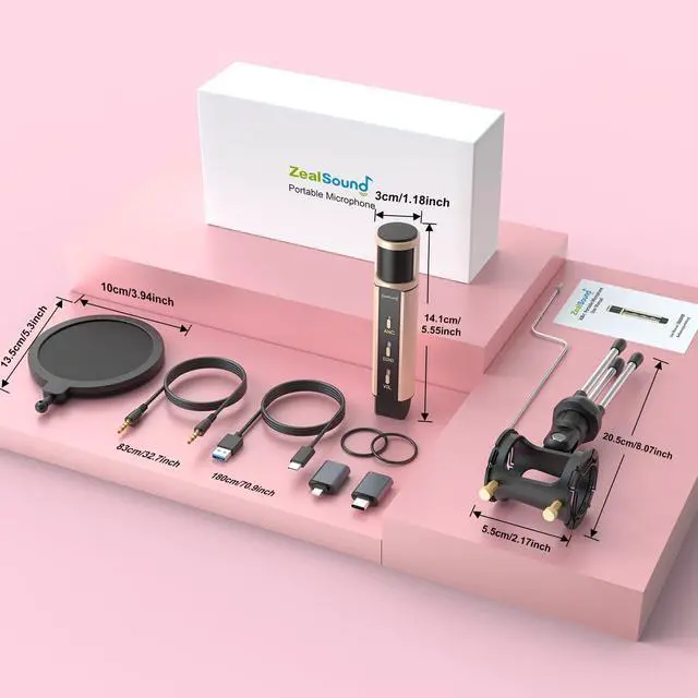 Alt view image 7 of 7 - Studio Recording Microphone, Condenser Broadcast Microphone w/Stand Built-in Sound Card Echo Recording Karaoke Singing for Phone Computer PC Garageband Smule Live Stream & YouTube (Gold)