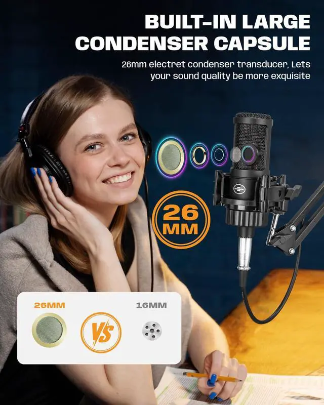 Alt view image 2 of 7 - XLR Podcast Microphone, Professional Cardioid Studio Condenser Microphone XLR with 26mm Large Diaphragm for Recording, Streaming, Gaming, ASMR, Computer PC Mic Kit with Boom Arm, Pop Filter