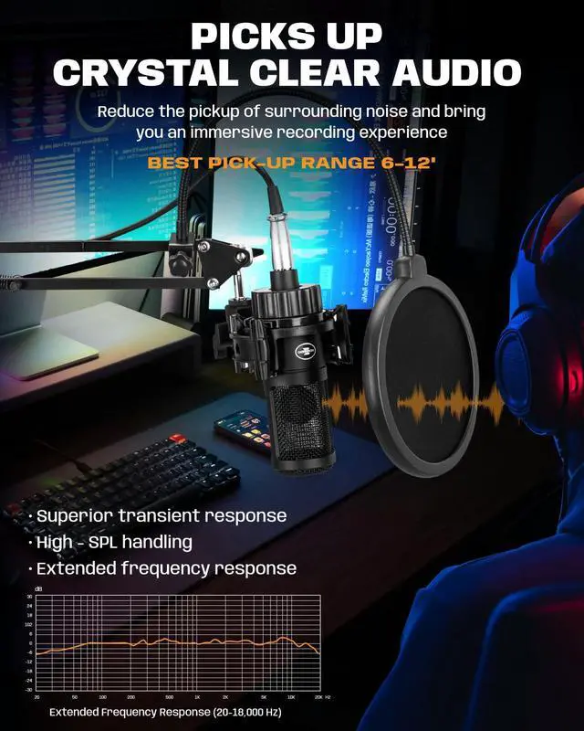 Alt view image 3 of 7 - XLR Podcast Microphone, Professional Cardioid Studio Condenser Microphone XLR with 26mm Large Diaphragm for Recording, Streaming, Gaming, ASMR, Computer PC Mic Kit with Boom Arm, Pop Filter