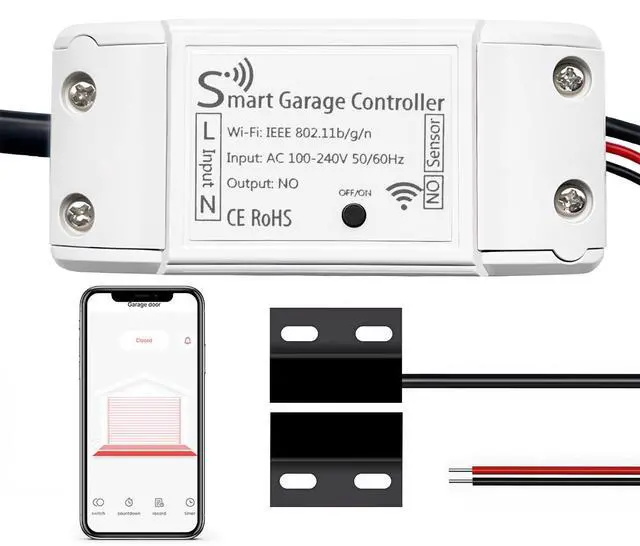 Smart Garage Door Opener, Universal WiFi Garage Door Remote Controller with Smartphone App Control, Door Left Open Alert, Compatible with iOS, Android, Alexa, Google Assistant, IFTTT, No Hub Needed