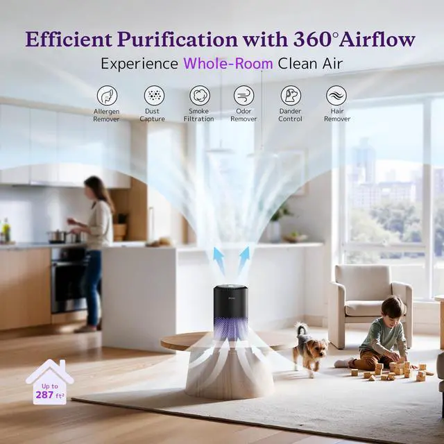 Alt view image 3 of 7 - Air Purifiers for Bedroom Home, Air Purifier For Smoke Pollen Dander Hair Smell Air Cleaner with Sleep Mode Speed Control For Bedroom Office, MK01- Black(Available for California)