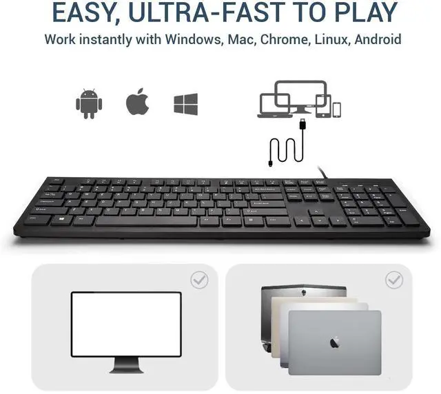 Alt view image 7 of 7 - Wired Keyboard, Ultra-Thin USB Wired Computer Keyboard, Low-Profile Keys, Spill-Resistant, Multimedia Keys, Compatible with Windows, Mac, Chrome, Linux, and Android-Black