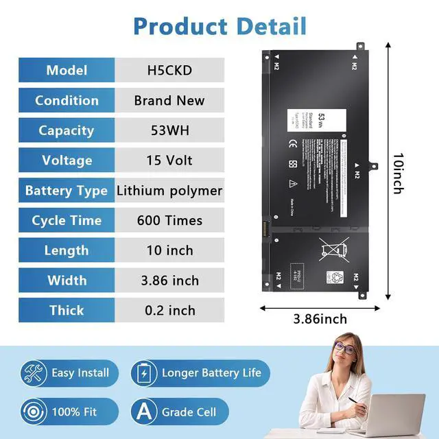 Alt view image 3 of 6 - 53Wh H5CKD 15V Battery Compatible with Dell 5400 7300 7506 2-in-1 5406 7405 7306 7500 Silver 5300 5408 5409 5301 5401 5402 5501 5502 5508 5509 Latitude 3410 3510 Vostro 5300 5301 7T8CD