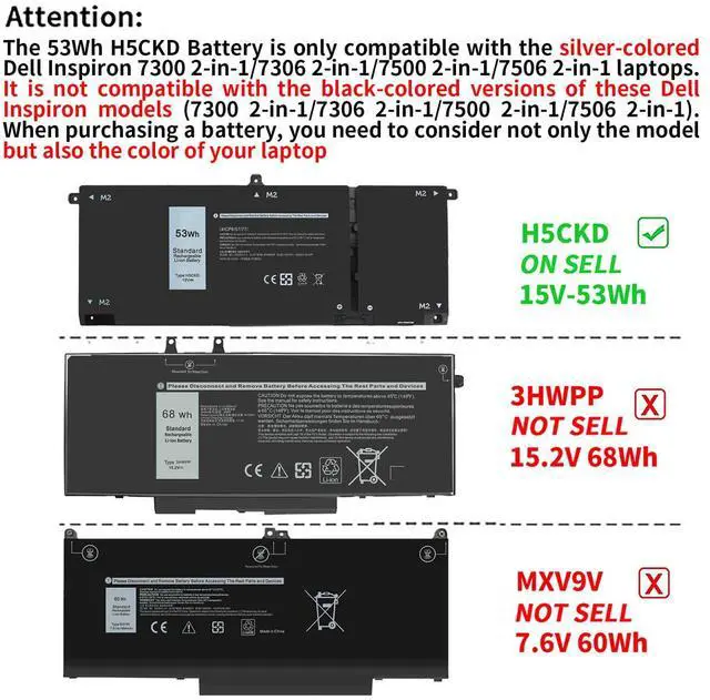 Alt view image 4 of 7 - 53Wh H5CKD 15V Battery Replacement for Dell Inspiron 5400 5406 7405 7300 7306 7500 7506 2-in-1 Silver 5300 5301 5401 5402 5408 5409 5501 5502 5508 5509 Series Latitude 3410 3510 Vostro 5300 5301 7T8CD