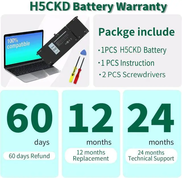 Alt view image 6 of 7 - 53Wh H5CKD 15V Battery Replacement for Dell Inspiron 5400 5406 7405 7300 7306 7500 7506 2-in-1 Silver 5300 5301 5401 5402 5408 5409 5501 5502 5508 5509 Series Latitude 3410 3510 Vostro 5300 5301 7T8CD