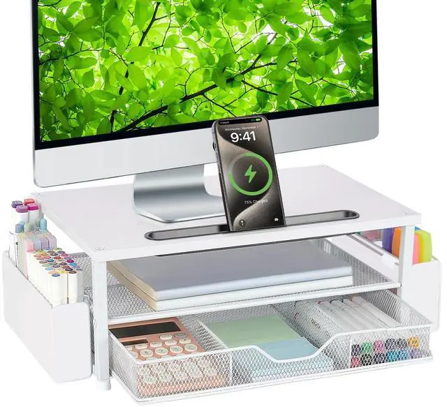 Main image of White Monitor Stand Riser, 2-Tier Wood Computer Desk Organizer with Drawer, Pen Storage & Phone Holder, Office Desk Accessories Desktop Organizer for Office Supplies