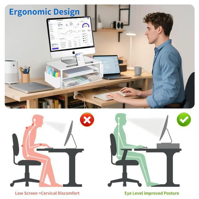 Alt view image 2 of 7 - White Monitor Stand Riser, 2-Tier Wood Computer Desk Organizer with Drawer, Pen Storage & Phone Holder, Office Desk Accessories Desktop Organizer for Office Supplies