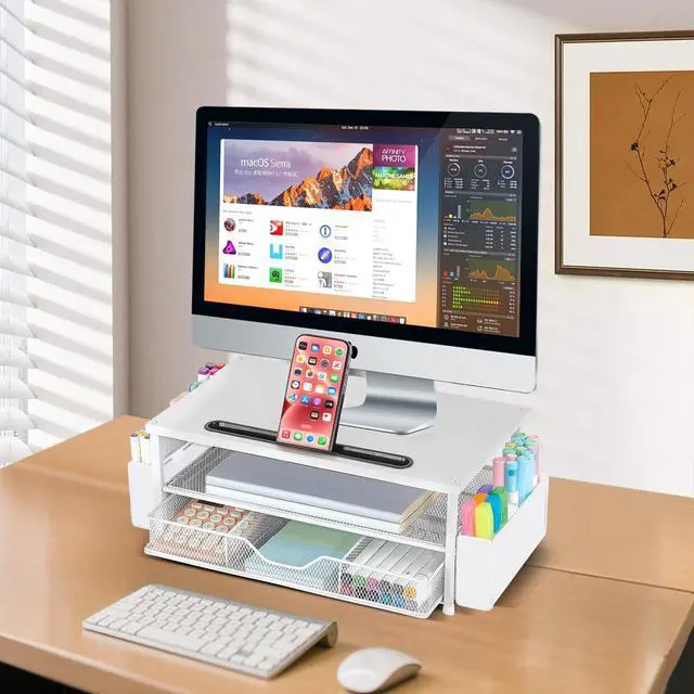 Alt view image 5 of 7 - White Monitor Stand Riser, 2-Tier Wood Computer Desk Organizer with Drawer, Pen Storage & Phone Holder, Office Desk Accessories Desktop Organizer for Office Supplies