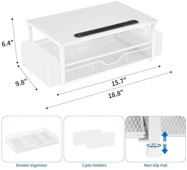 Alt view image 7 of 7 - White Monitor Stand Riser, 2-Tier Wood Computer Desk Organizer with Drawer, Pen Storage & Phone Holder, Office Desk Accessories Desktop Organizer for Office Supplies