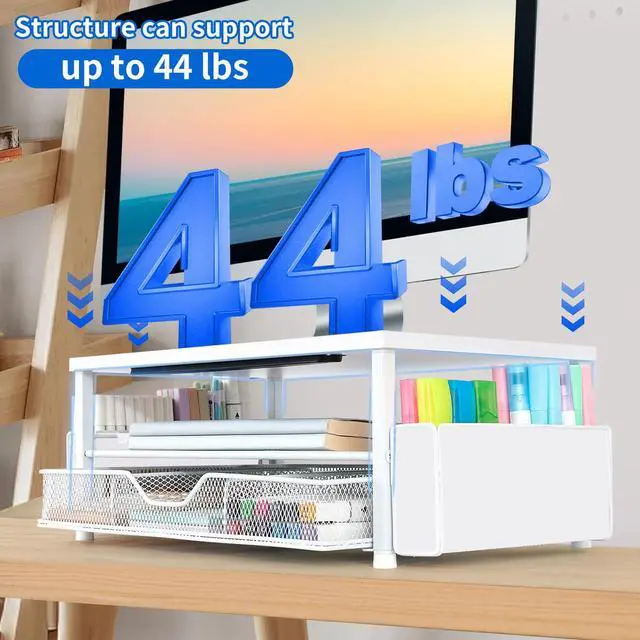 Alt view image 6 of 7 - White Monitor Stand Riser, 2-Tier Wood Computer Desk Organizer with Drawer, Pen Storage & Phone Holder, Office Desk Accessories Desktop Organizer for Office Supplies