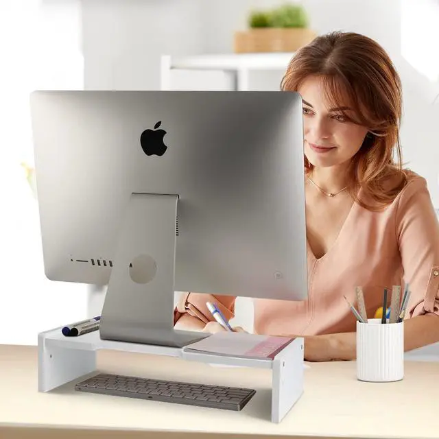 Alt view image 5 of 7 - Solid Wood Monitor Stand Riser, Monitor Riser with 2 Adjustable Height, 15.8 inch Computer Riser for Computer, iMac, PC, Printer, Computer Monitor Stand for Home & Office, White