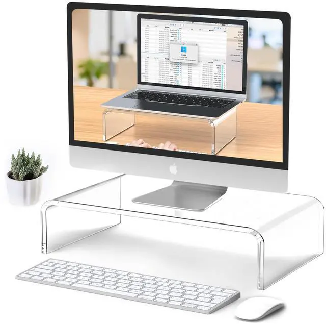 Main image of Monitor & Laptop Stand Riser - Clear Computer & Laptop Stand for Desk - Compatible with iMac, MacBook & All Notebooks - White Aesthetic Decoration for Office & Home