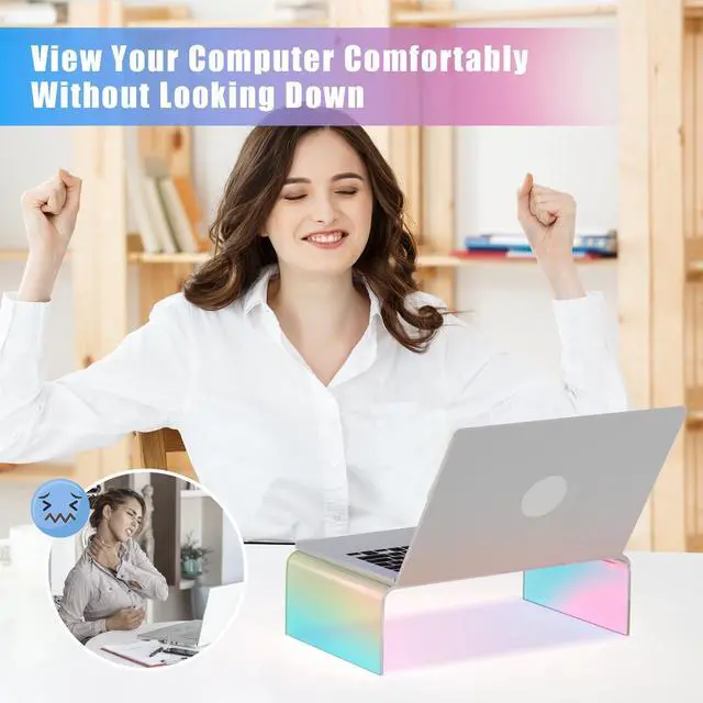 Alt view image 3 of 6 - Iridescent Acrylic Computer Monitor Stand, Acrylic Laptop/PC/Desktop Stand Riser for Desk, Durable, Ergonomic Design, Space Saving for Home and Office