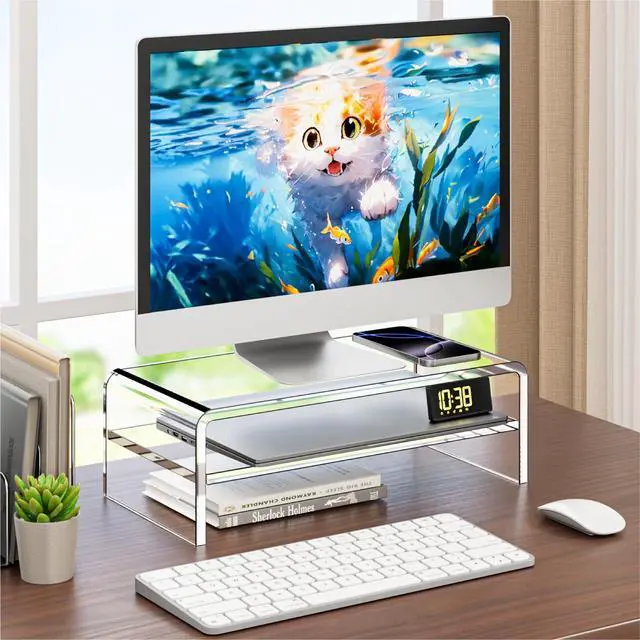 Alt view image 6 of 7 - Egchi Clear Acrylic Monitor Stand Riser 2 Tier, 5.12 Inches High Clear Computer Desk Organizer Shelf for Multi Media PC Storage Laptop