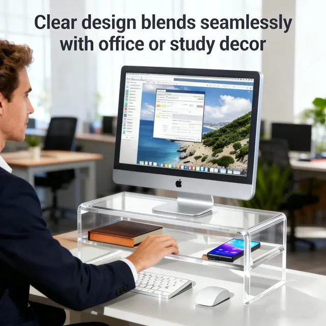 Alt view image 5 of 7 - Acrylic Monitor Stand - 16/20 inch 2 Tier Riser for iMac, PC, Desktop, Laptop, TV with Storage Shelf, Home Office Desk Organizer