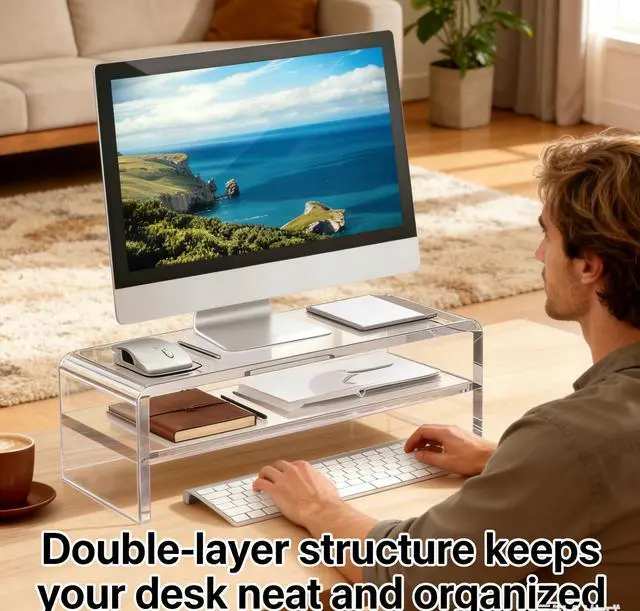 Alt view image 6 of 7 - Acrylic Monitor Stand - 16/20 inch 2 Tier Riser for iMac, PC, Desktop, Laptop, TV with Storage Shelf, Home Office Desk Organizer