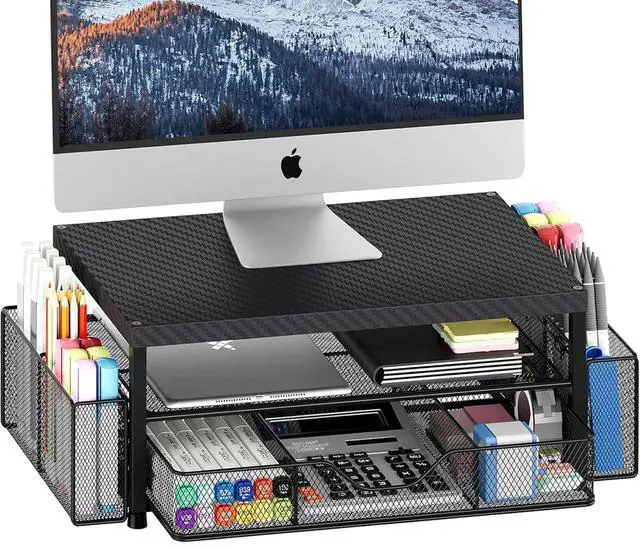 Main image of Desk Organizer and Accessories, 2-Tier Computer Monitor Stand with Drawer and 2 Pen Holders, Laptop Stand, Office Desk Accessories for Office Supplies, Carbon Fiber